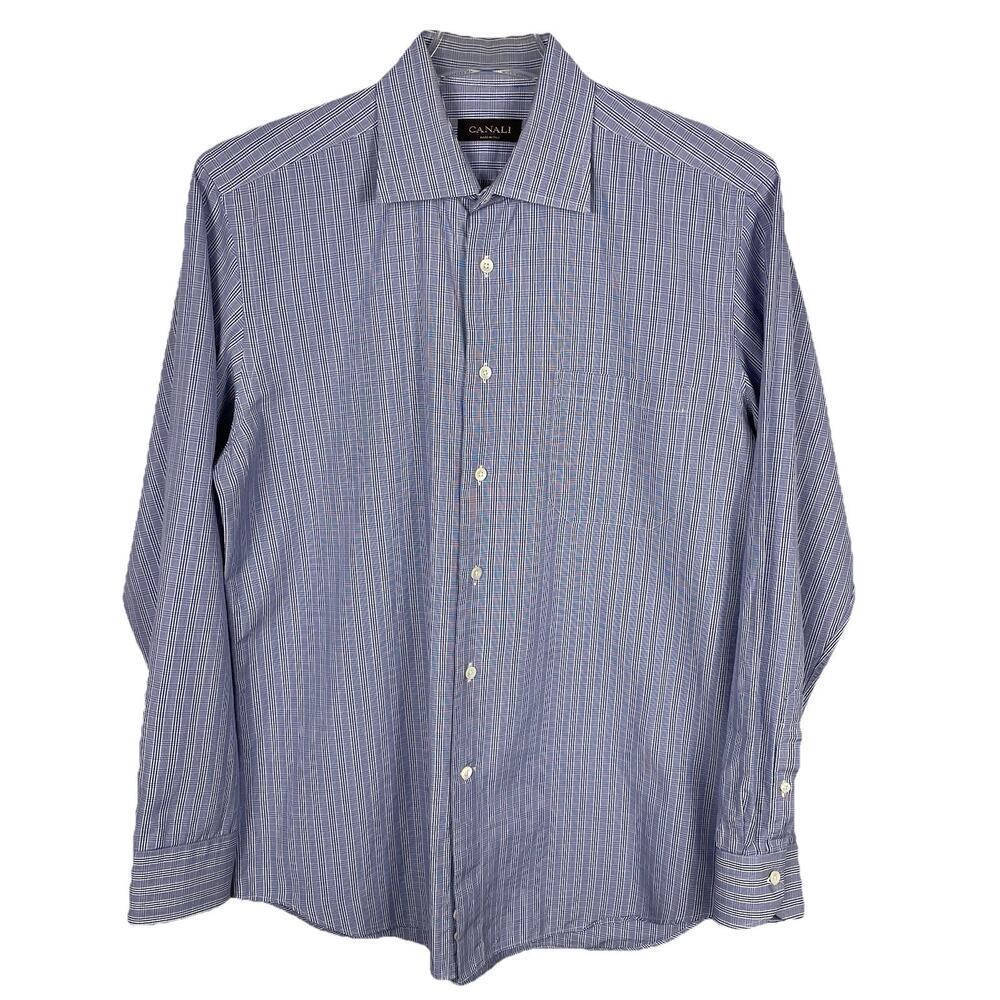 Canali Dress Shirt Mens 16.5 Blue Glenn Plaid Long Sleeve Old Money Italy Made